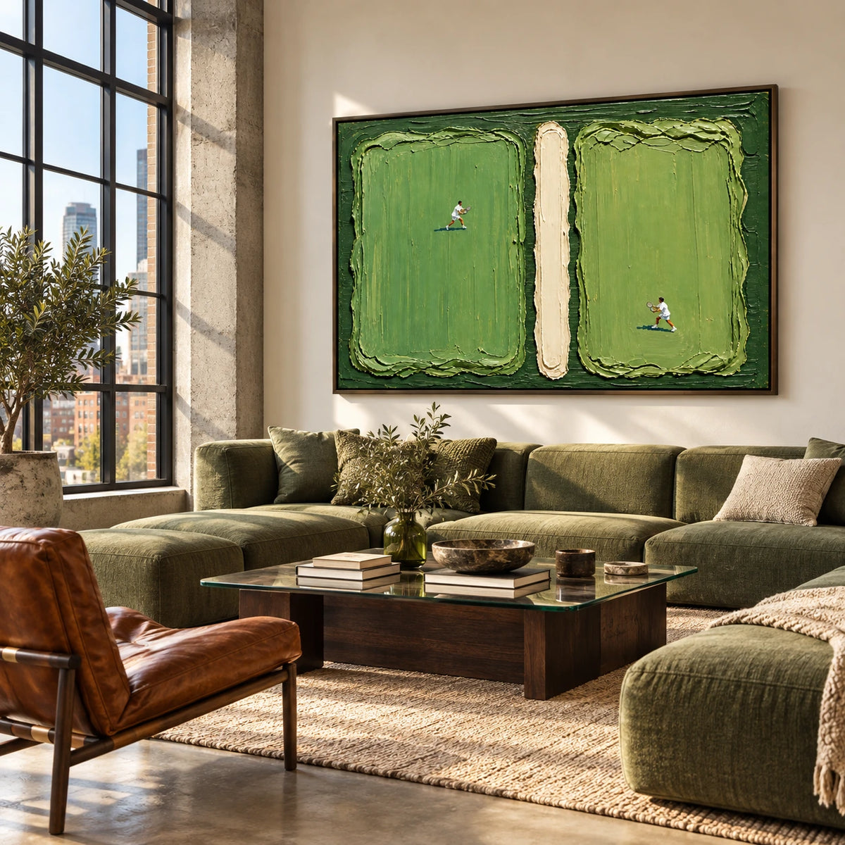 green court rally displayed in a creative urban living room