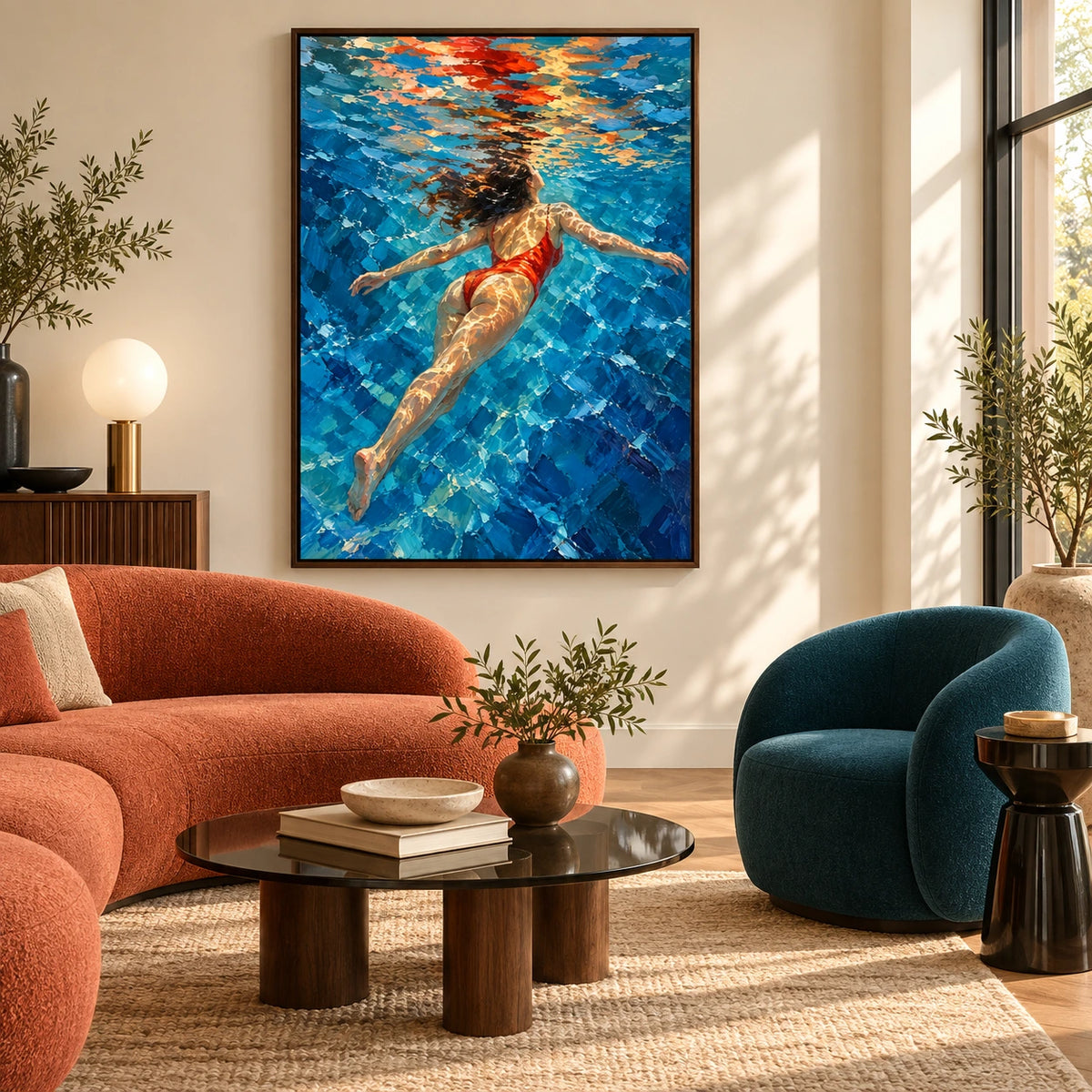 red swimmer in open water displayed in a art deco living room