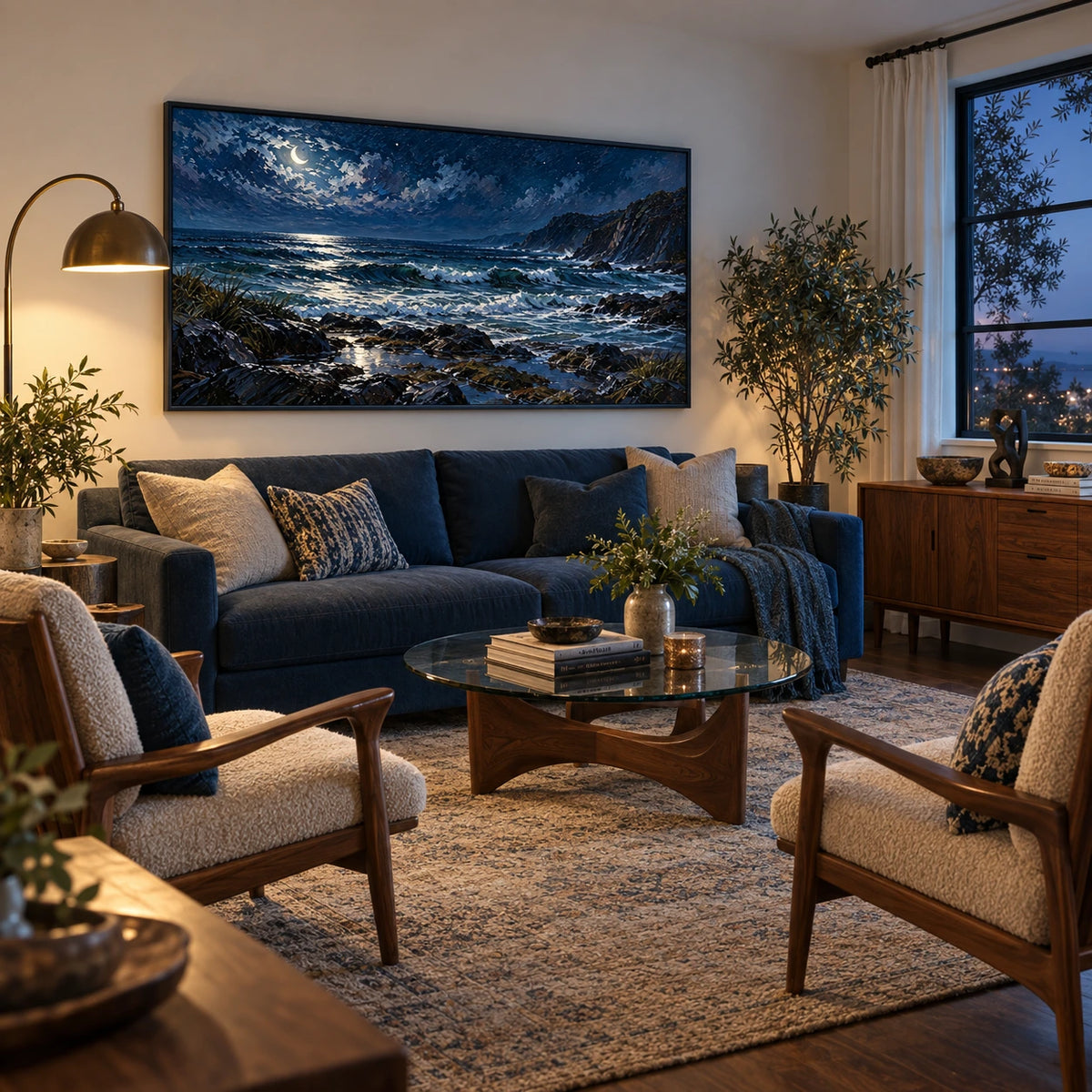 crescent moon coastal night displayed in a family living room