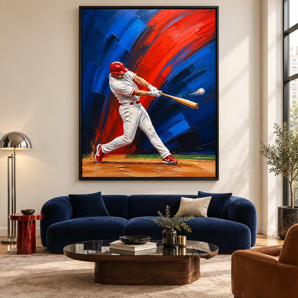 red, white and blue swing displayed in a living room