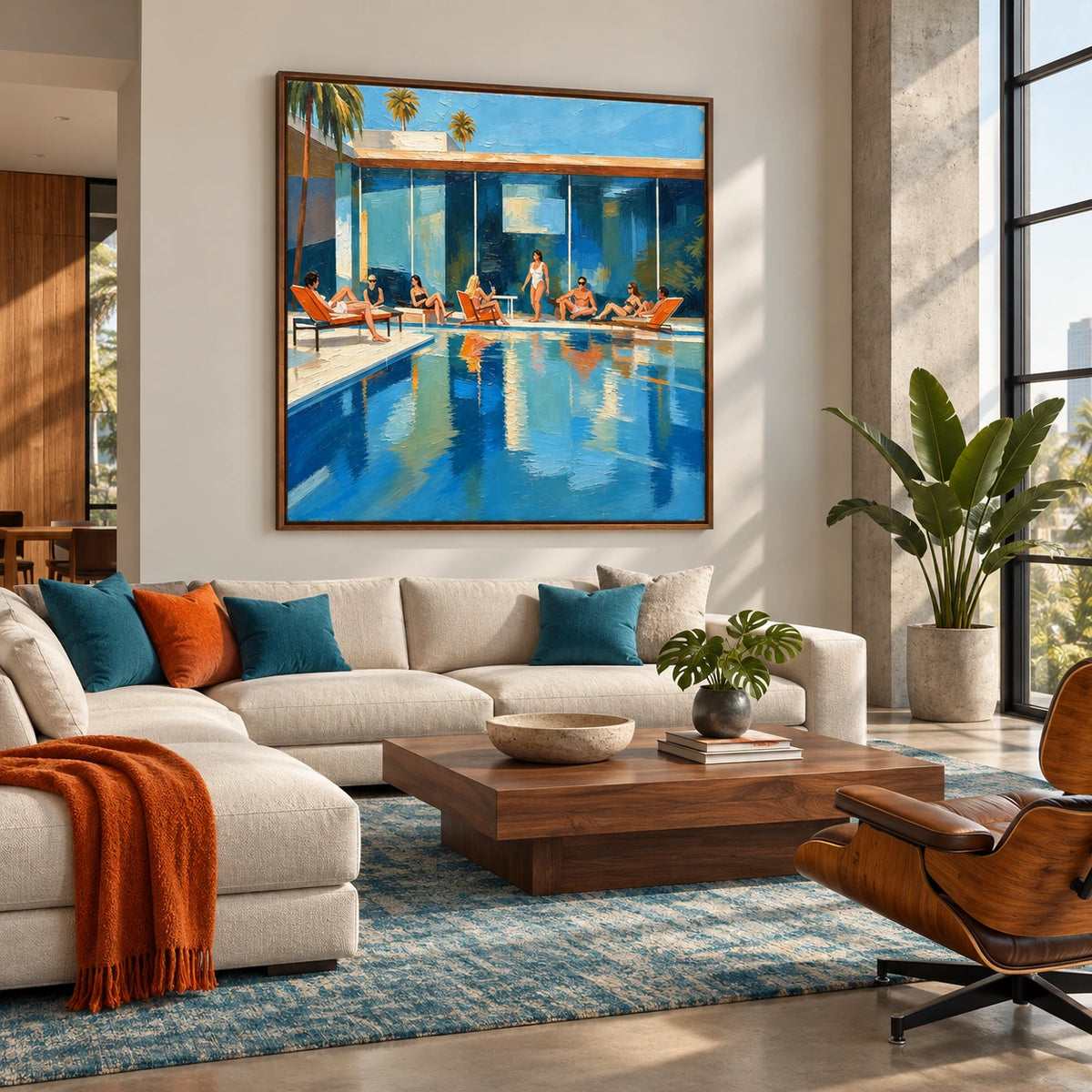 poolside palm retreat displayed in a creative urban loft living room