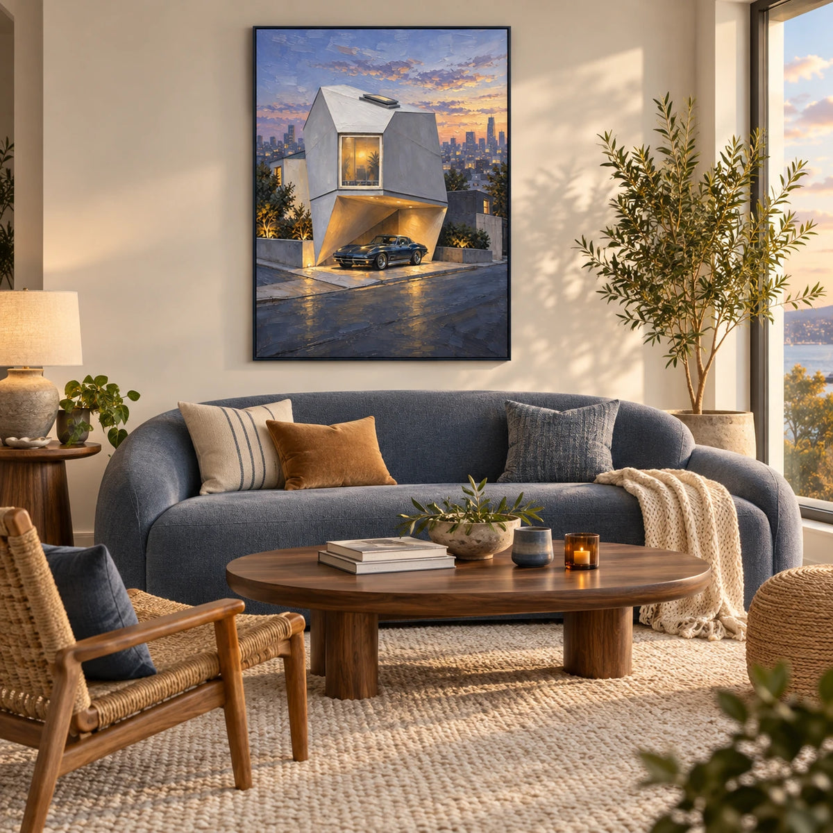 dusk house with a classic car displayed in a living room