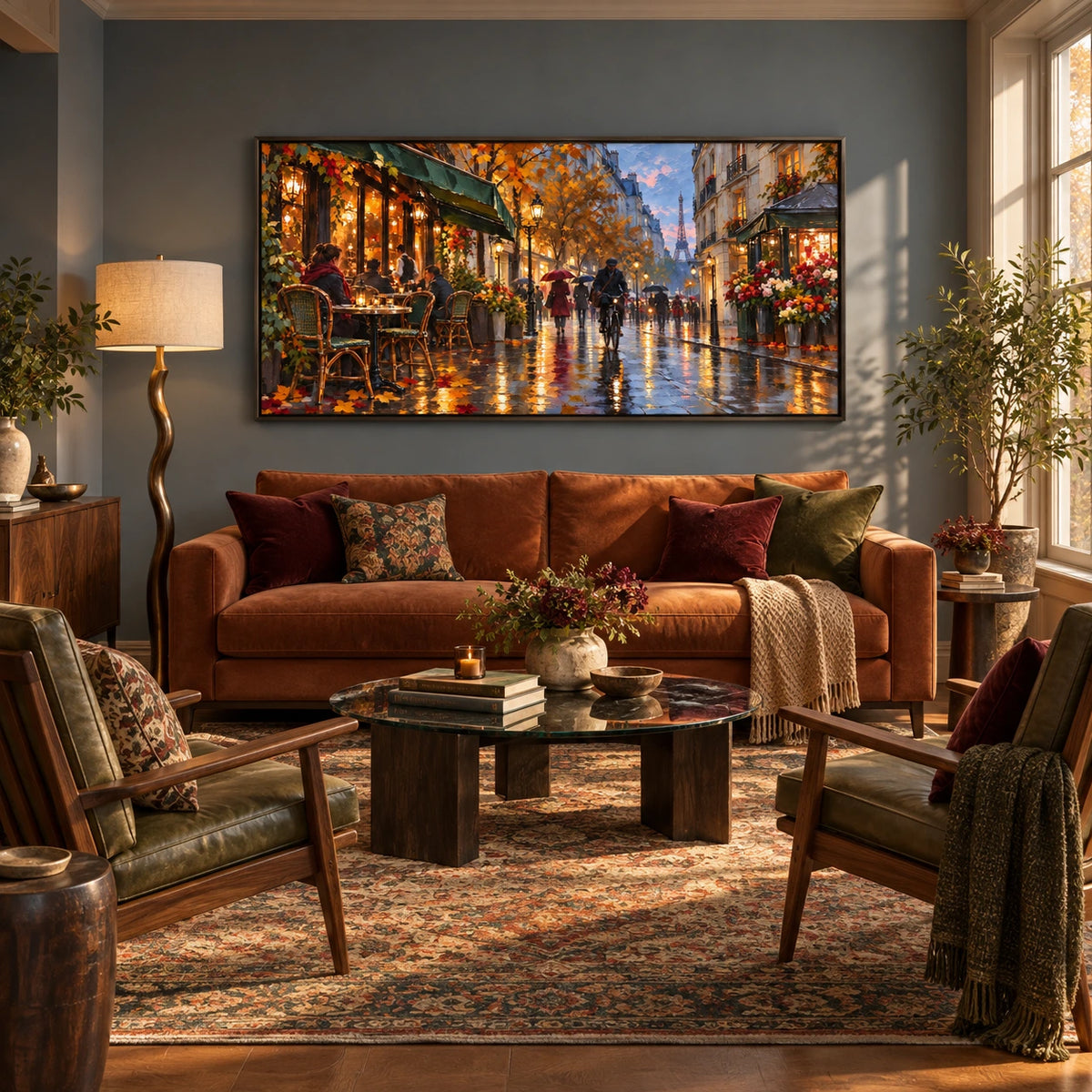 cafe lights on a rainy paris street displayed in a family living room
