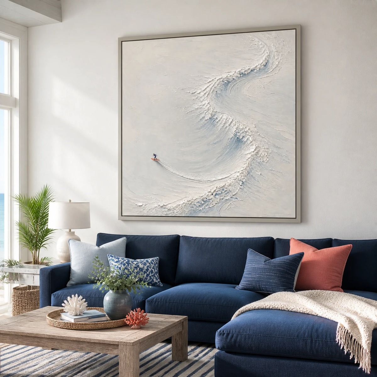 where the tide opens displayed in a coastal living room