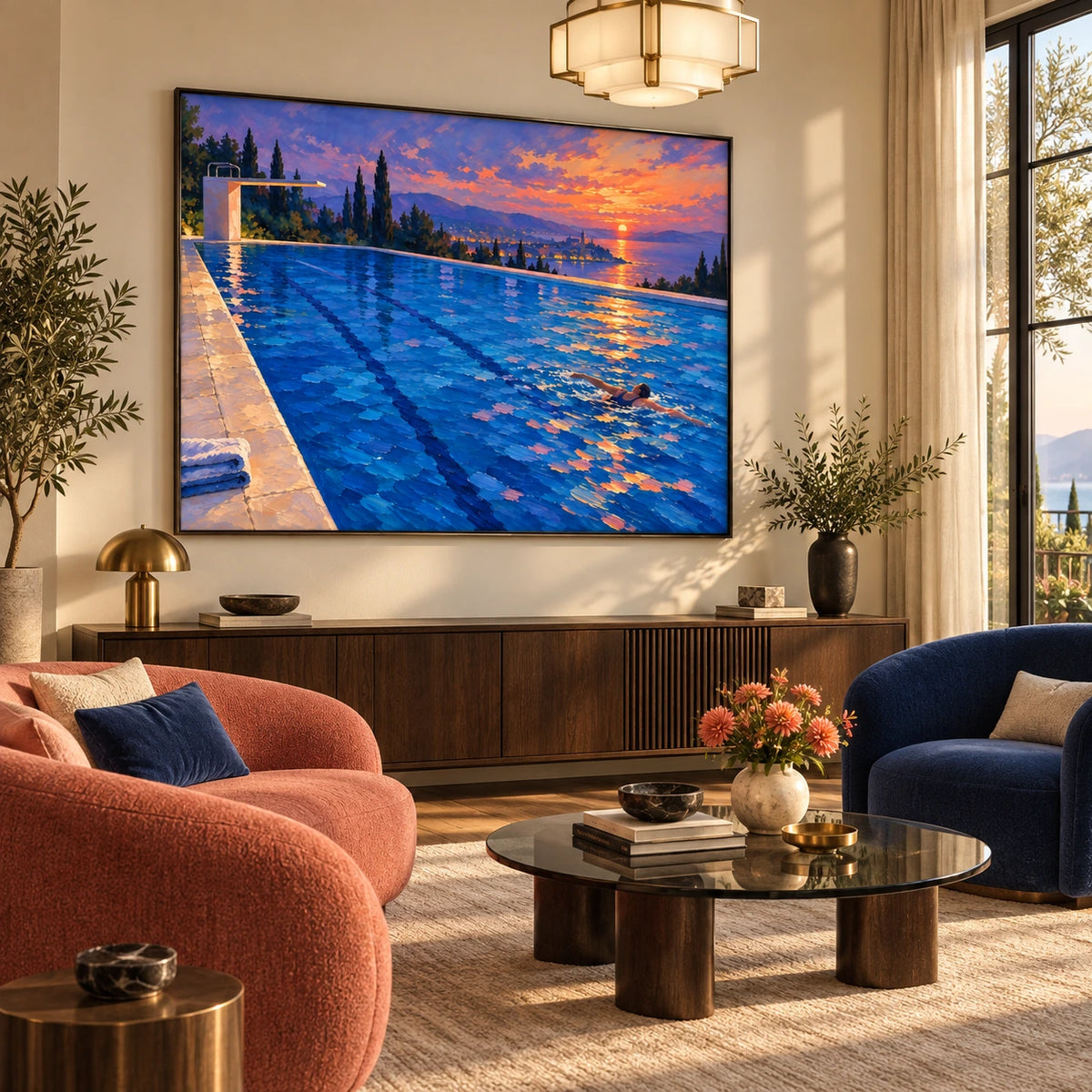 sunset pool by the sea displayed in a living room
