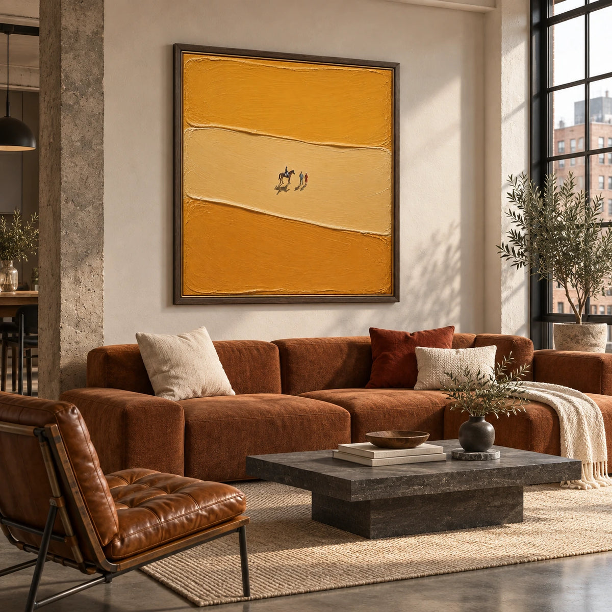 riders in golden light displayed in a creative urban living room