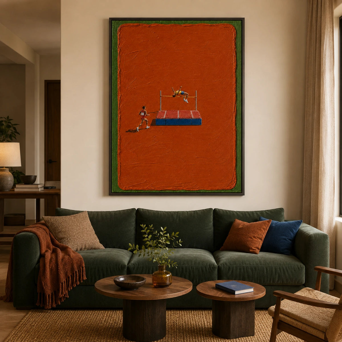 orange field high jump displayed in a living room