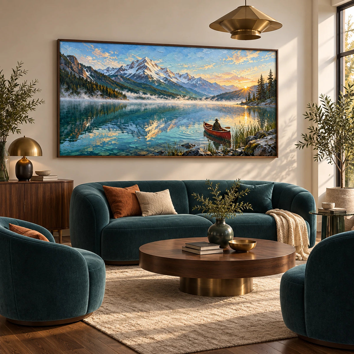 mountain lake at first light displayed in a living room
