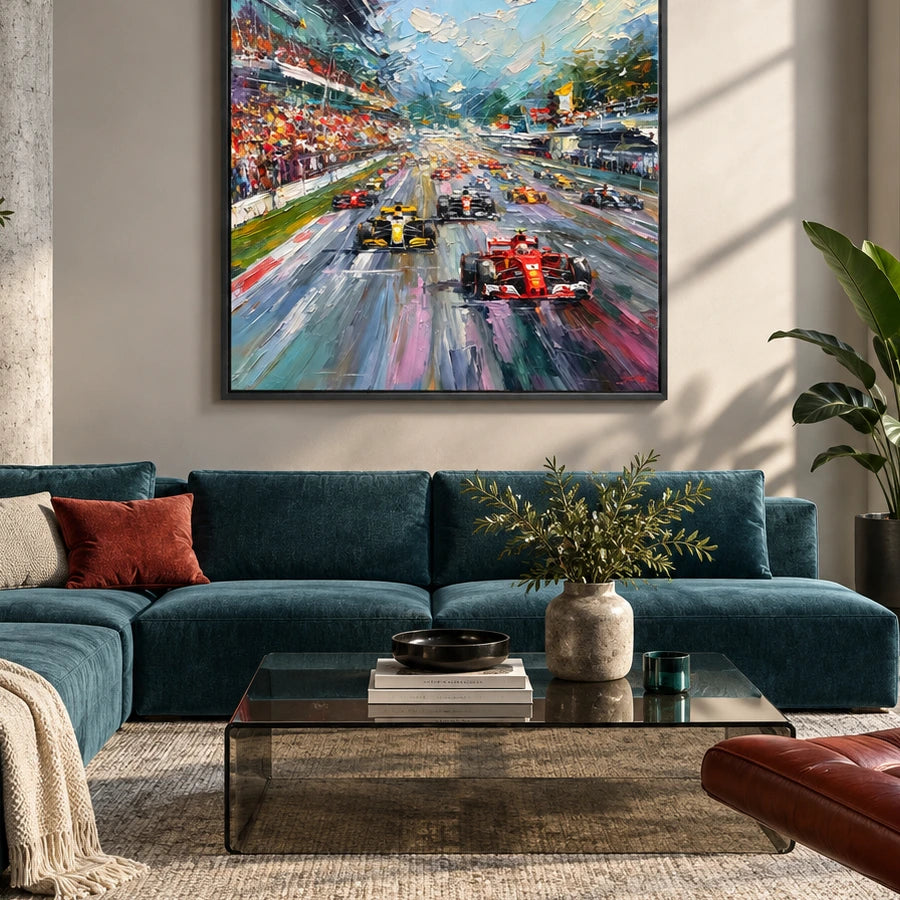 formula one in motion displayed in a loft living room