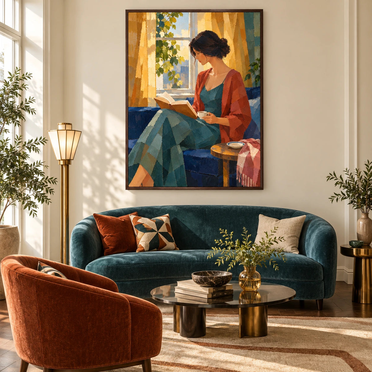 reading by the sunlit window displayed in a living room