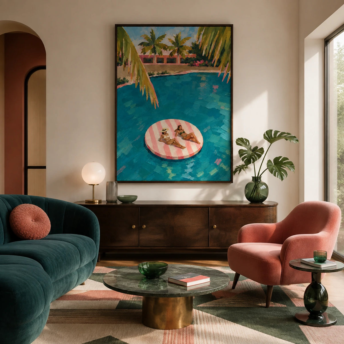 pink float in palm water displayed in a living room