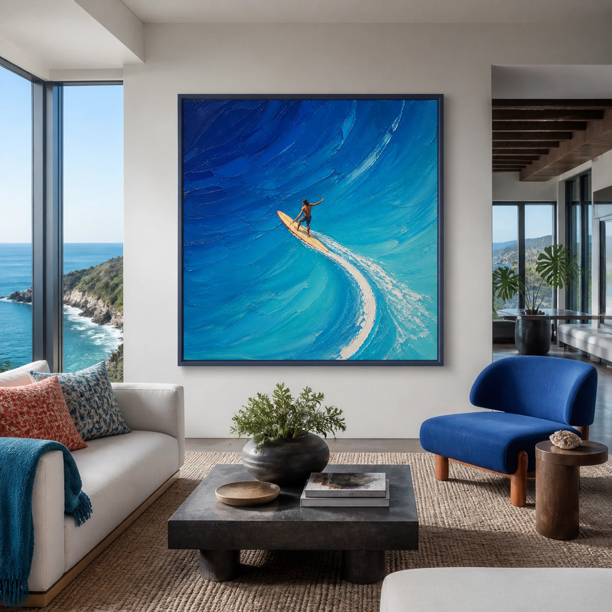 blue current displayed in a coastal living room