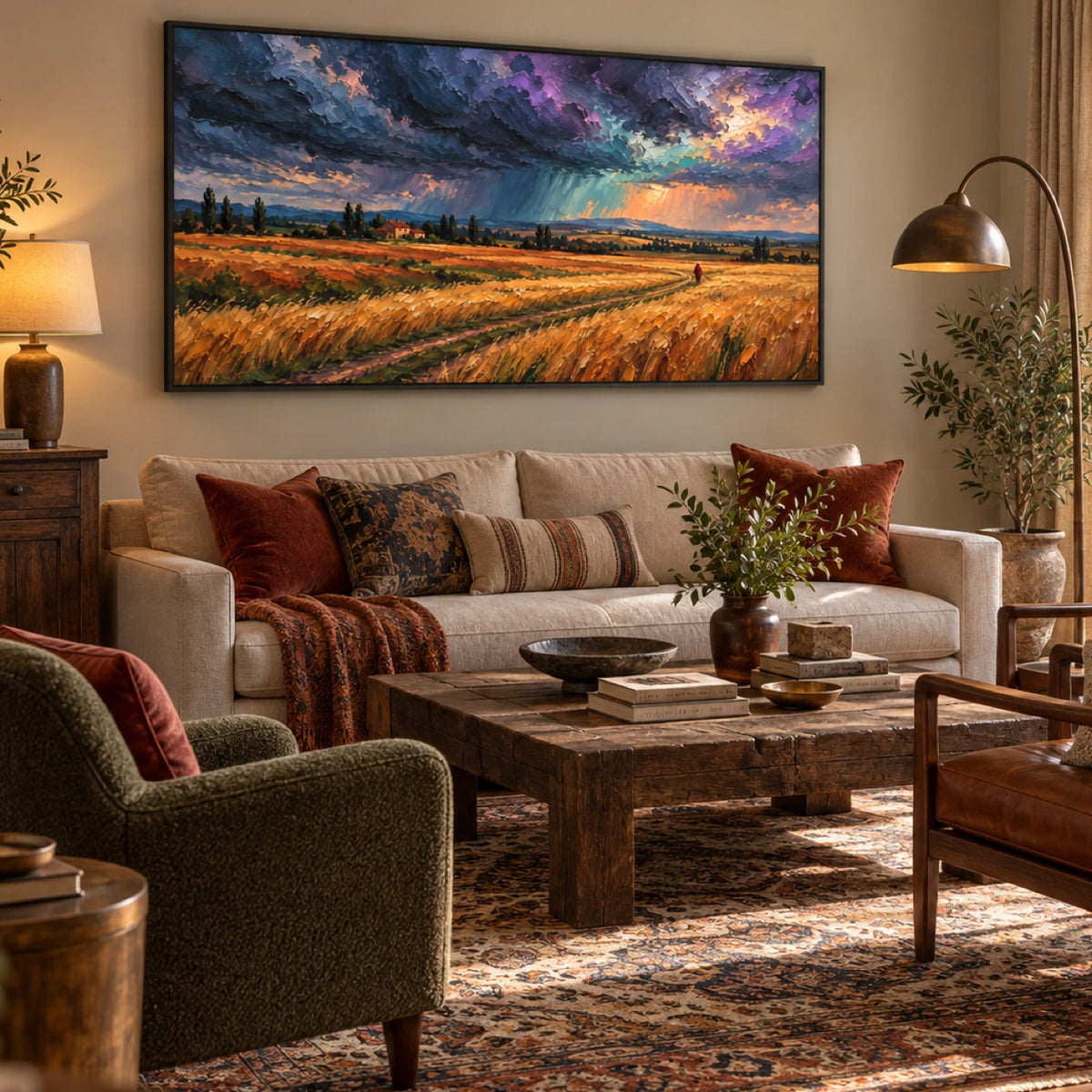stormlight over the wheat fields displayed in a family living room