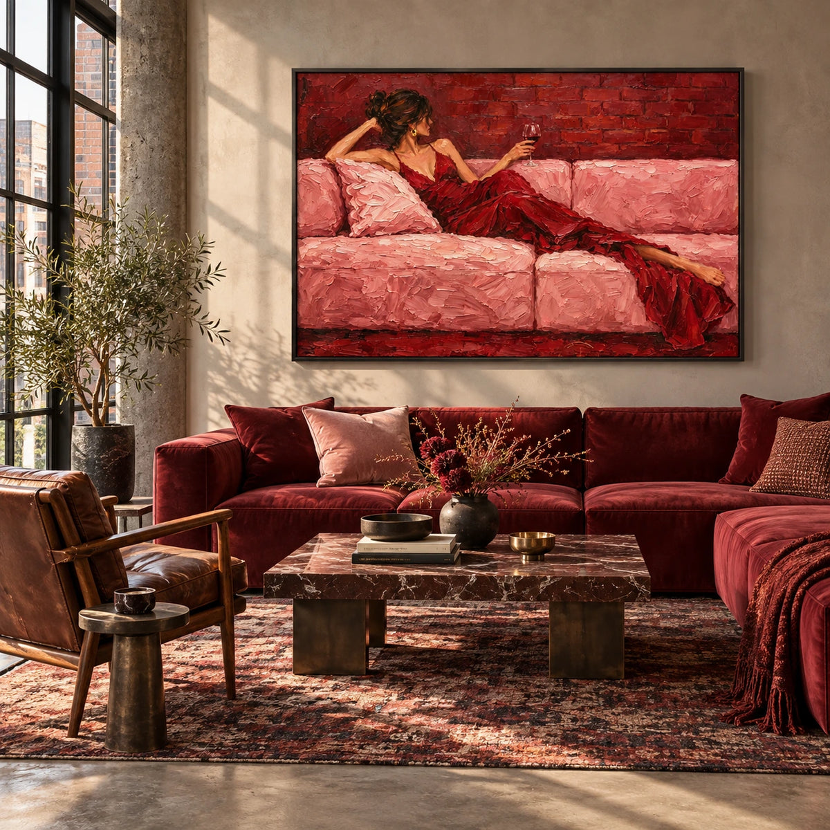 crimson pause displayed in a creative urban living room