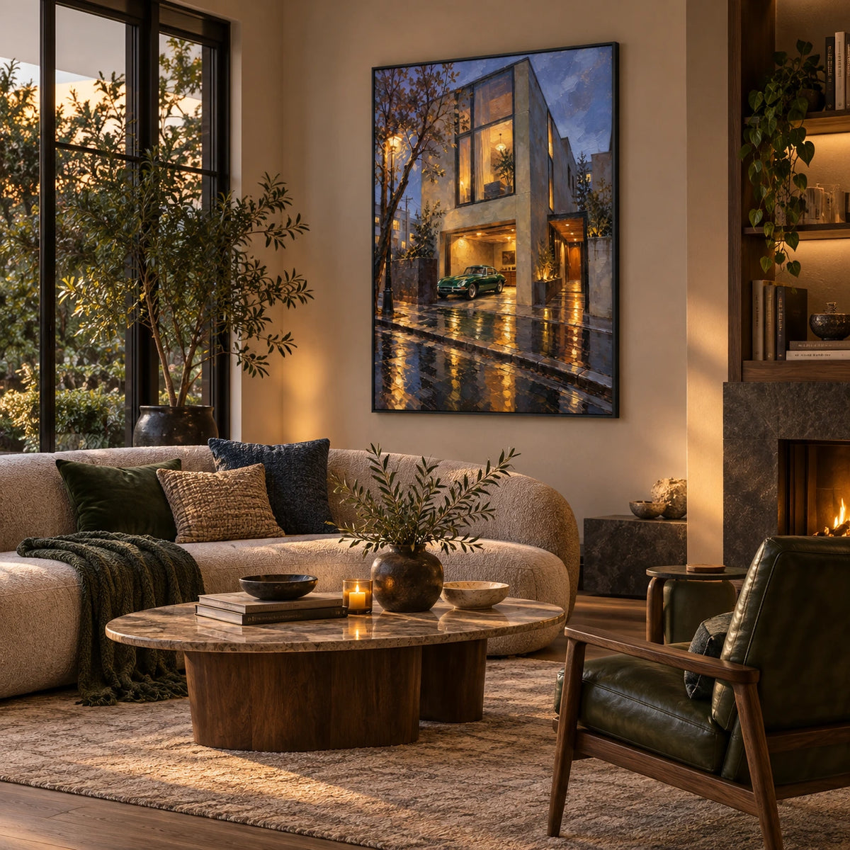 rainlit modern house displayed in a collector living room