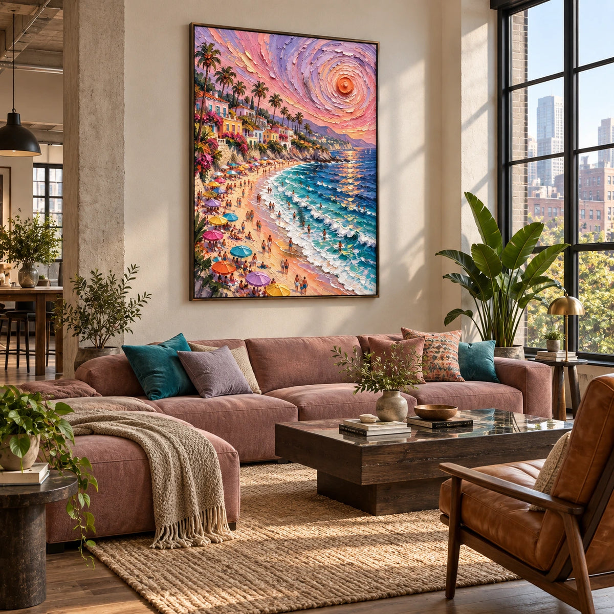 sunset coast in motion displayed in a loft living room