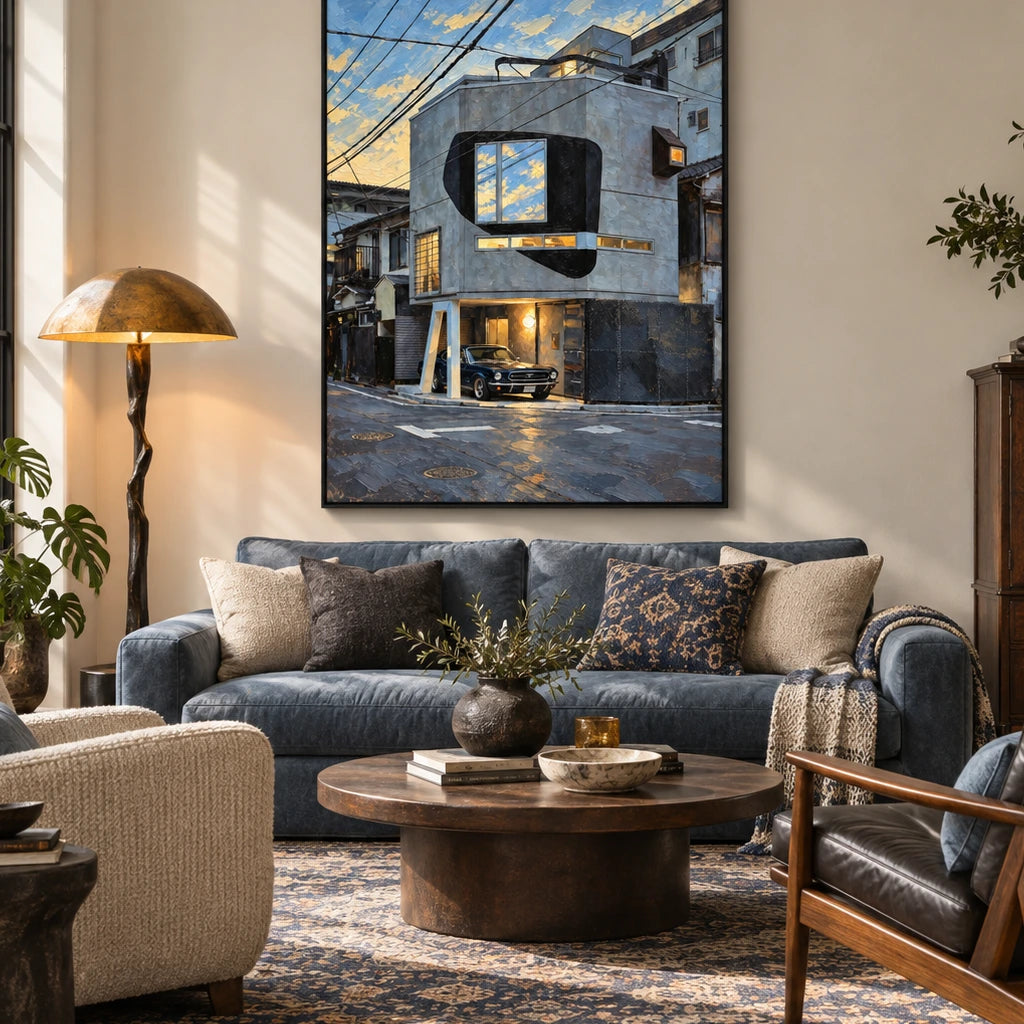 blue hour garage street displayed in a living room