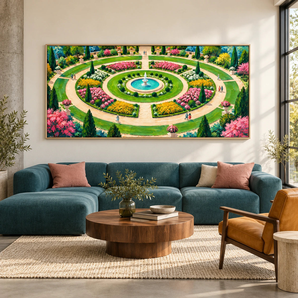 circular garden fountain displayed in a living room