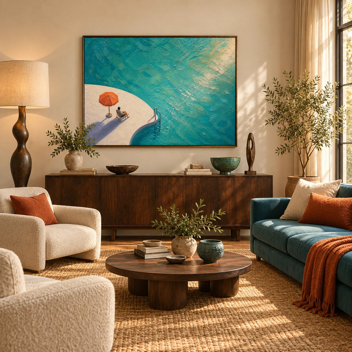 sunlit poolside displayed in a living room