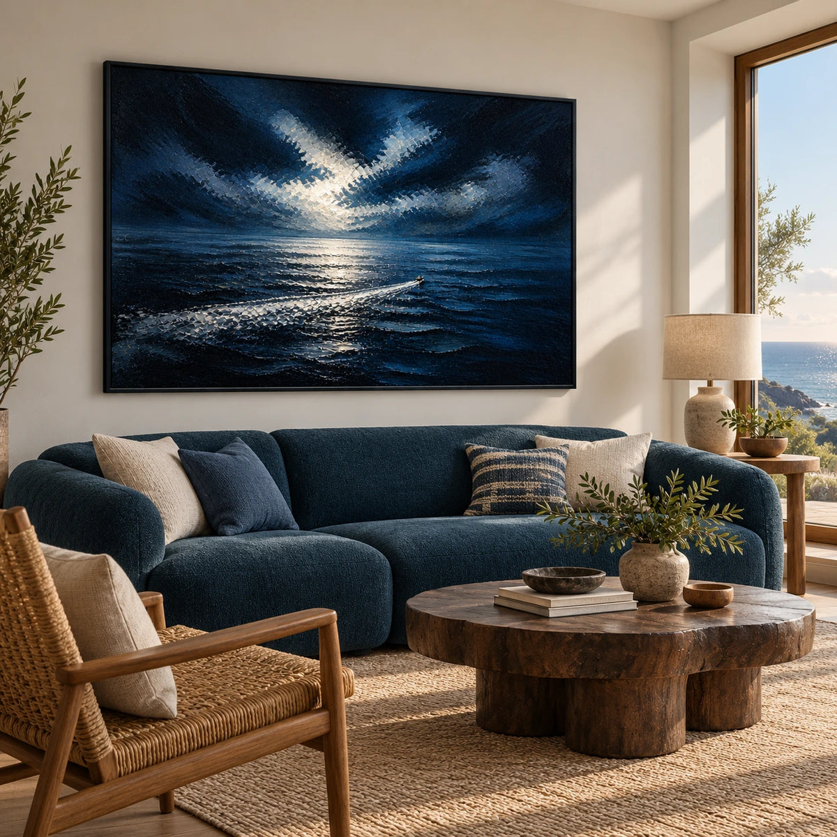 moonlit wake displayed in a coastal living room