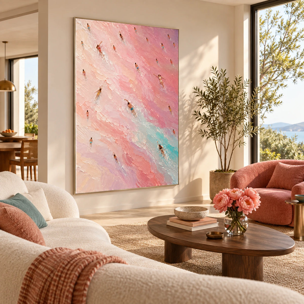 pink tide swimmers displayed in a living room