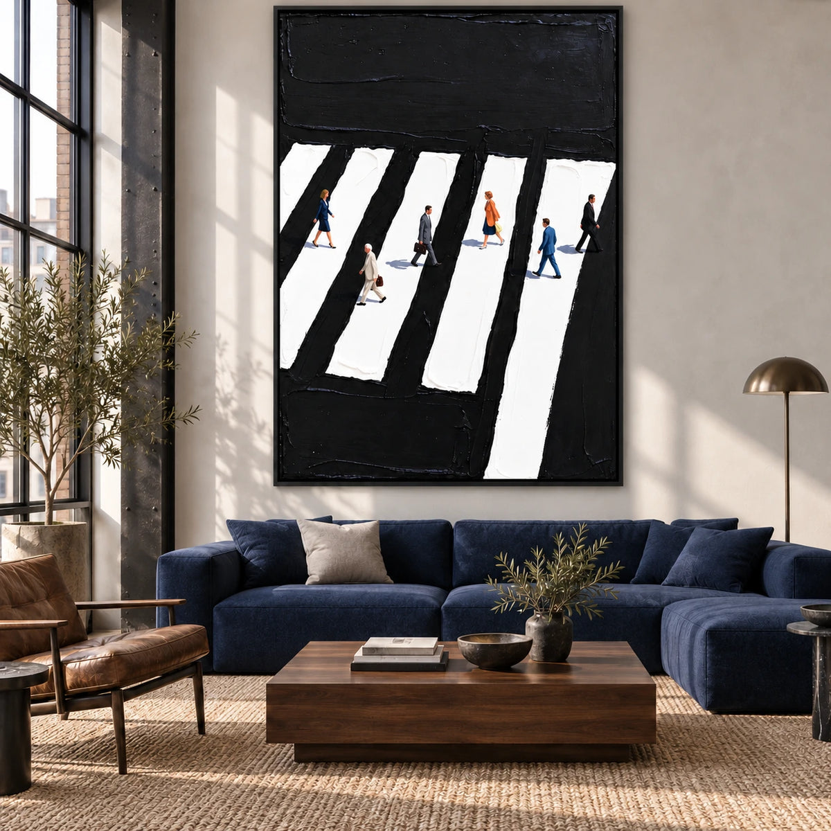 walking between the keys displayed in a loft living room