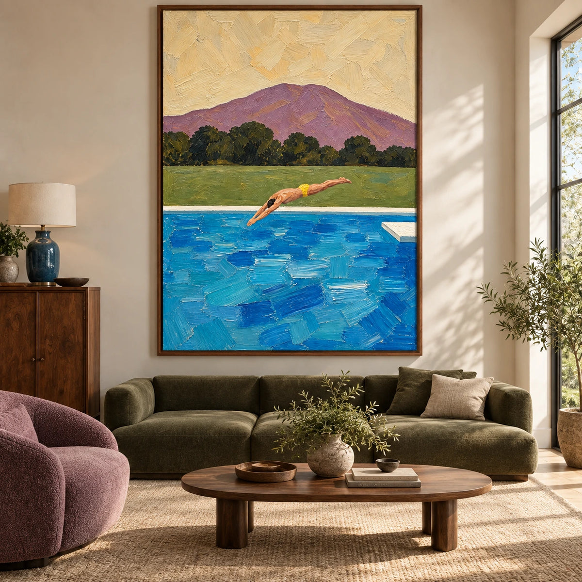 poolside dive displayed in a living room