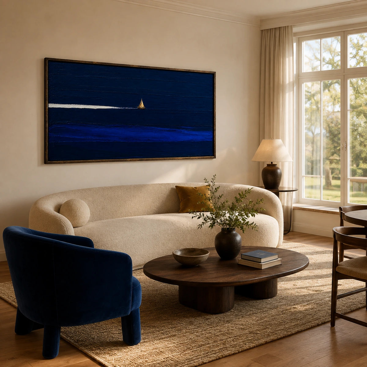 lone sail on blue horizon displayed in a living room