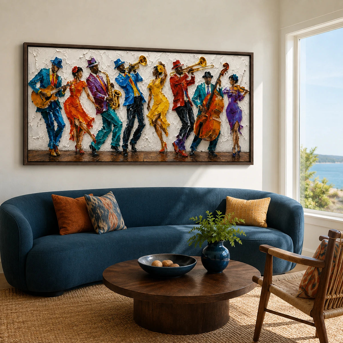 vibrant jazz ensemble displayed in a coastal living room