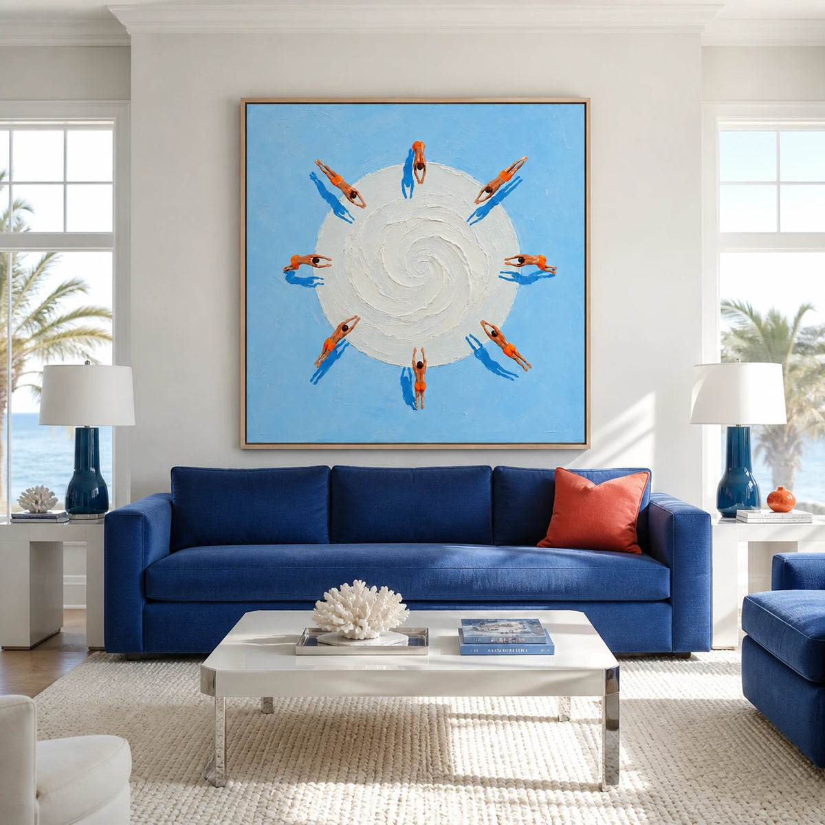 swimmers in orbit displayed in a living room