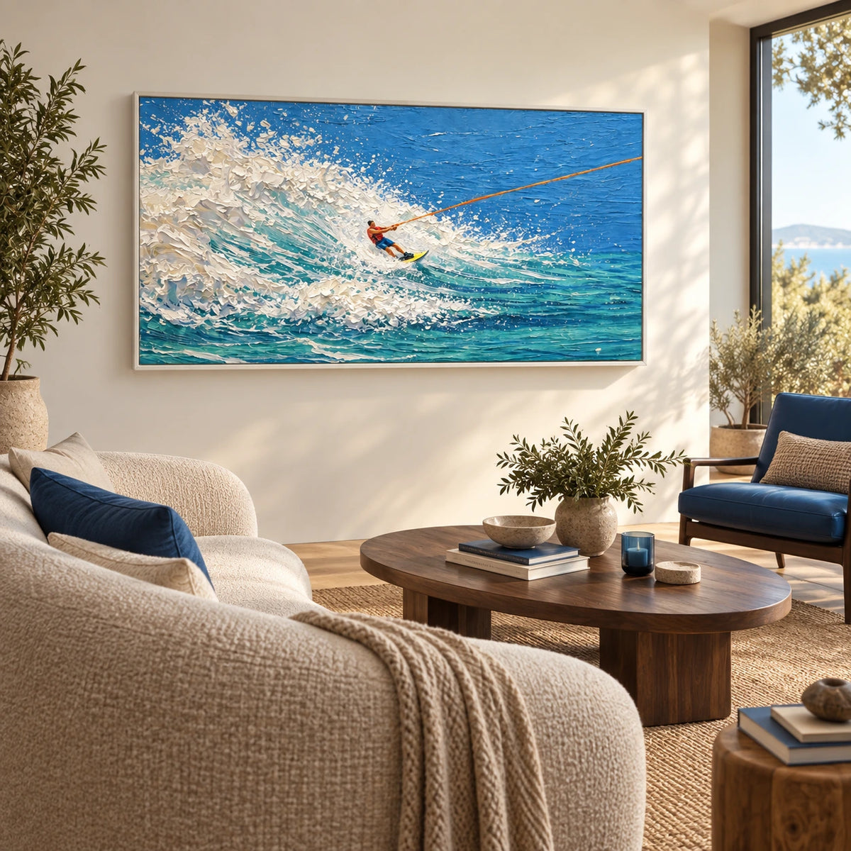 rider in breaking surf displayed in a living room