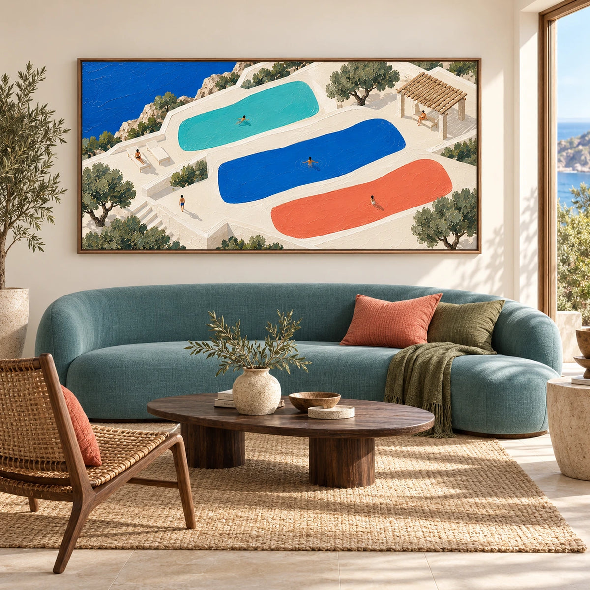 three pools above the sea displayed in a living room