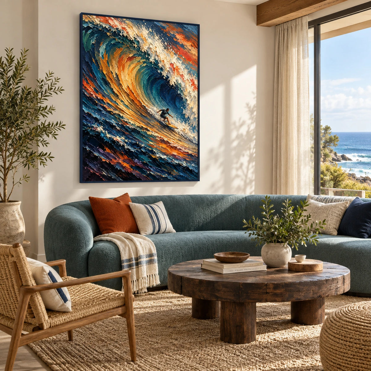 riding the blue break displayed in a coastal living room