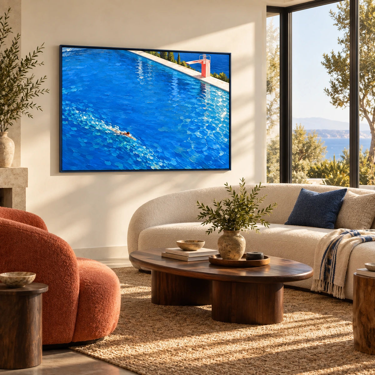 under the quiet diving board displayed in a living room