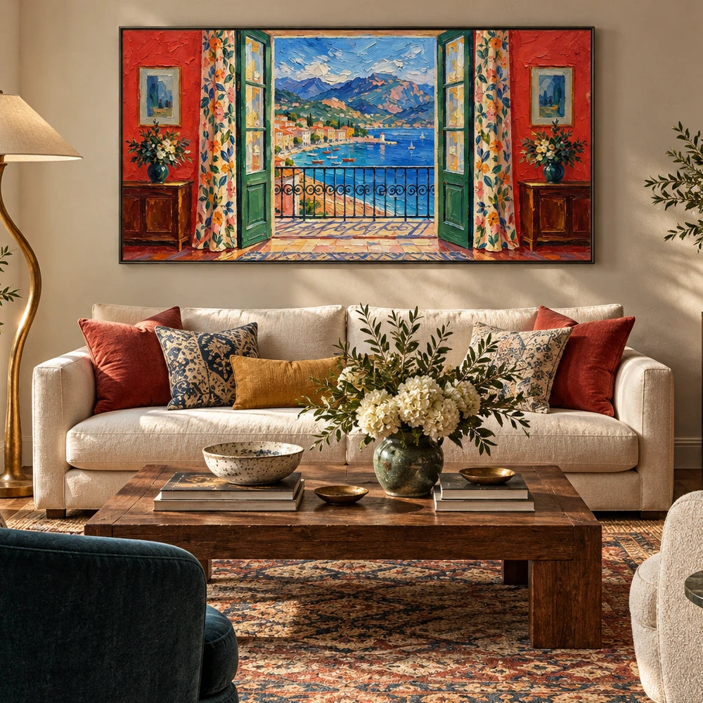 mediterranean balcony view displayed in a family living room