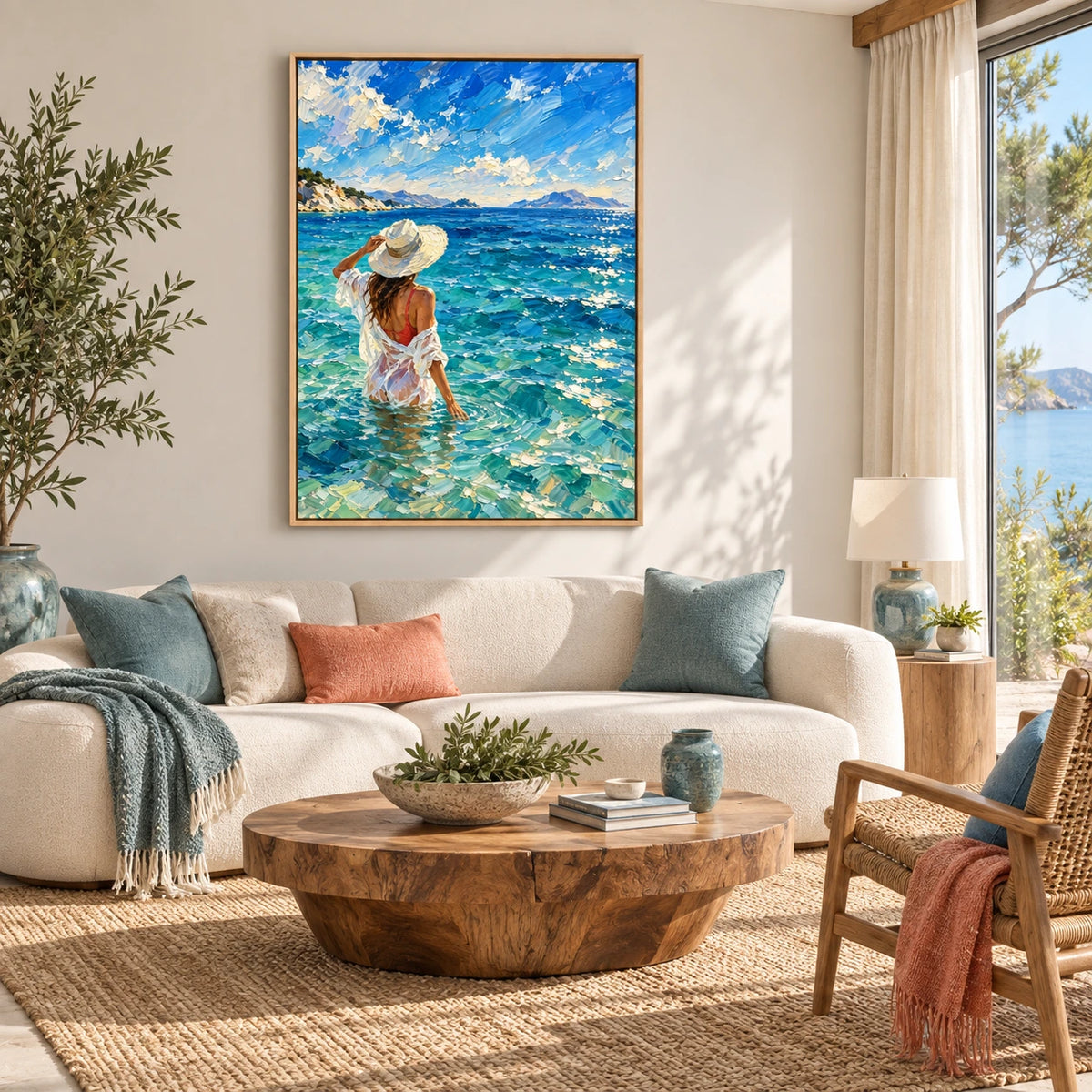 woman at the sea displayed in a coastal living room
