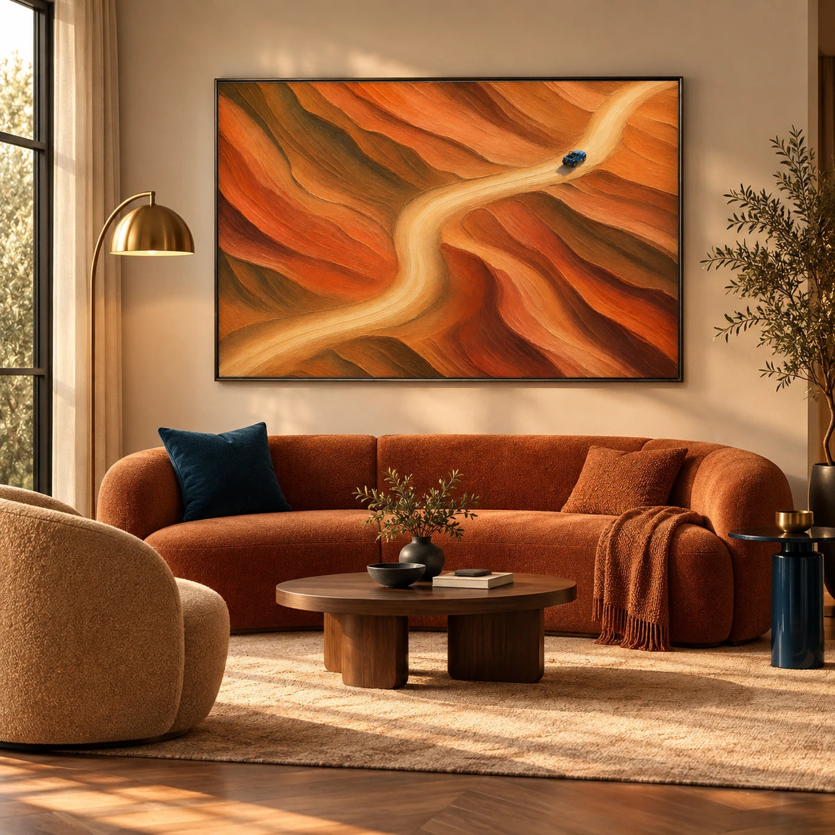 desert road ahead displayed in a art deco living room