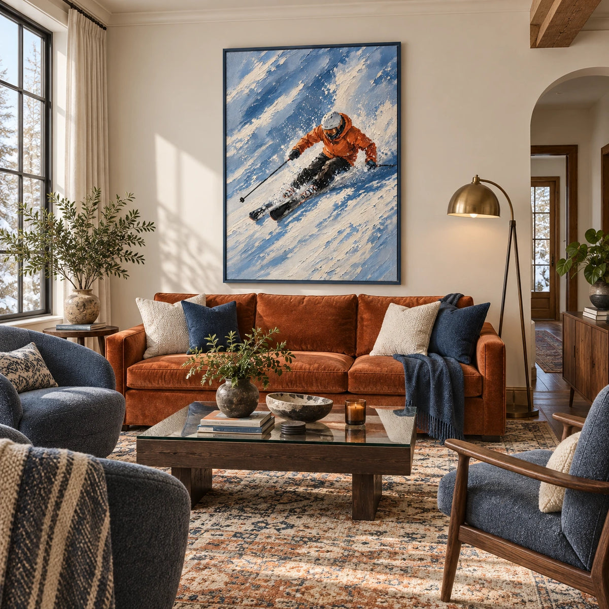 downhill in blue displayed in a family living room