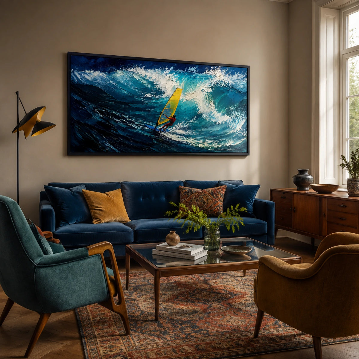 windsurfing surge displayed in a eclectic family living room