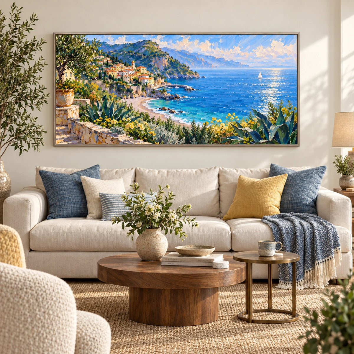 coastal village by the blue sea displayed in a living room