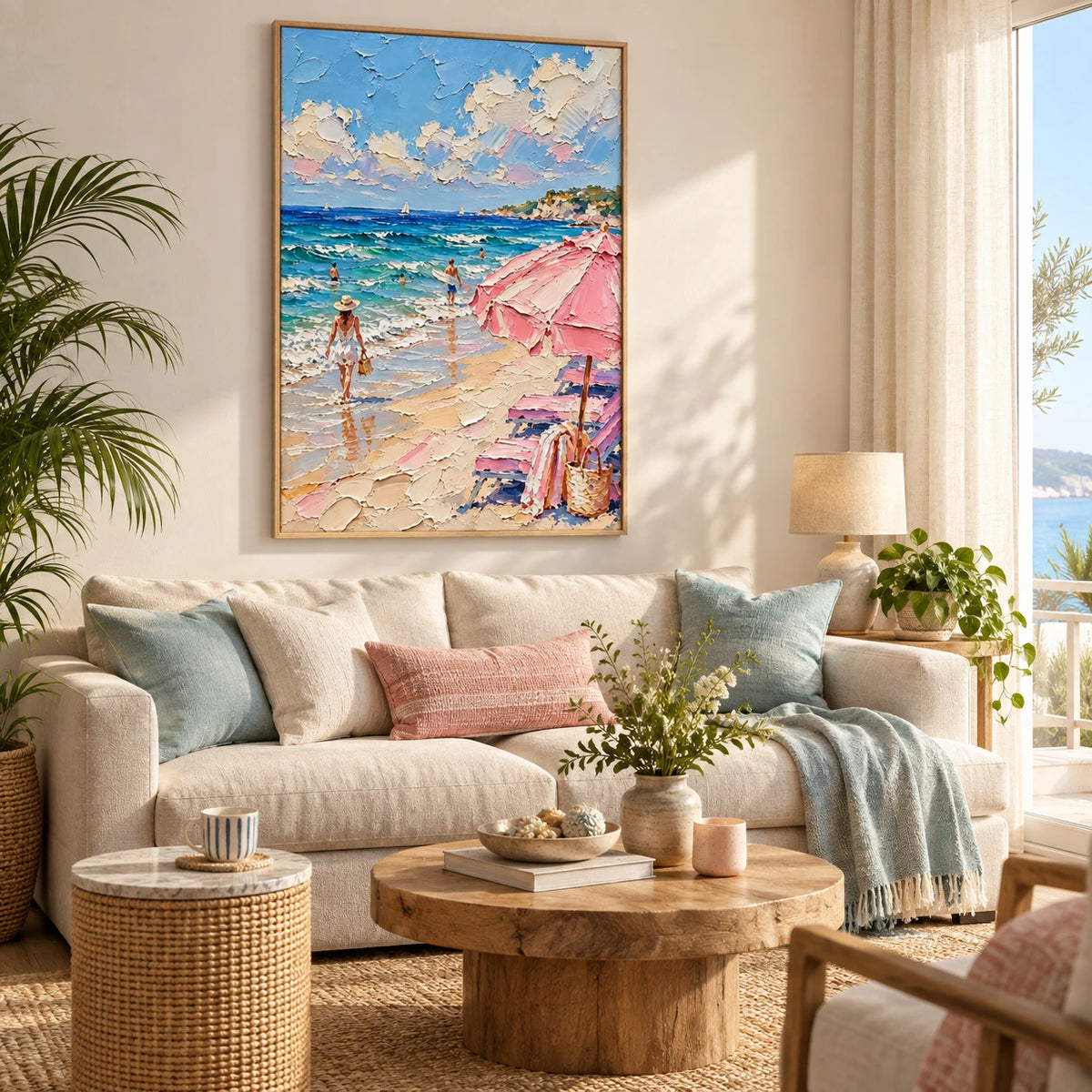 seaside pink umbrella displayed in a living room