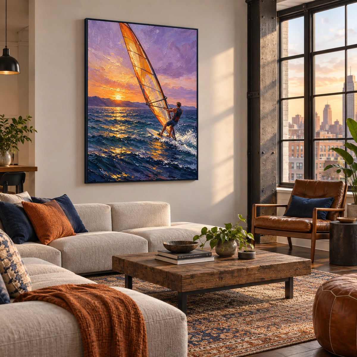 golden wind over the sea displayed in a creative urban living room