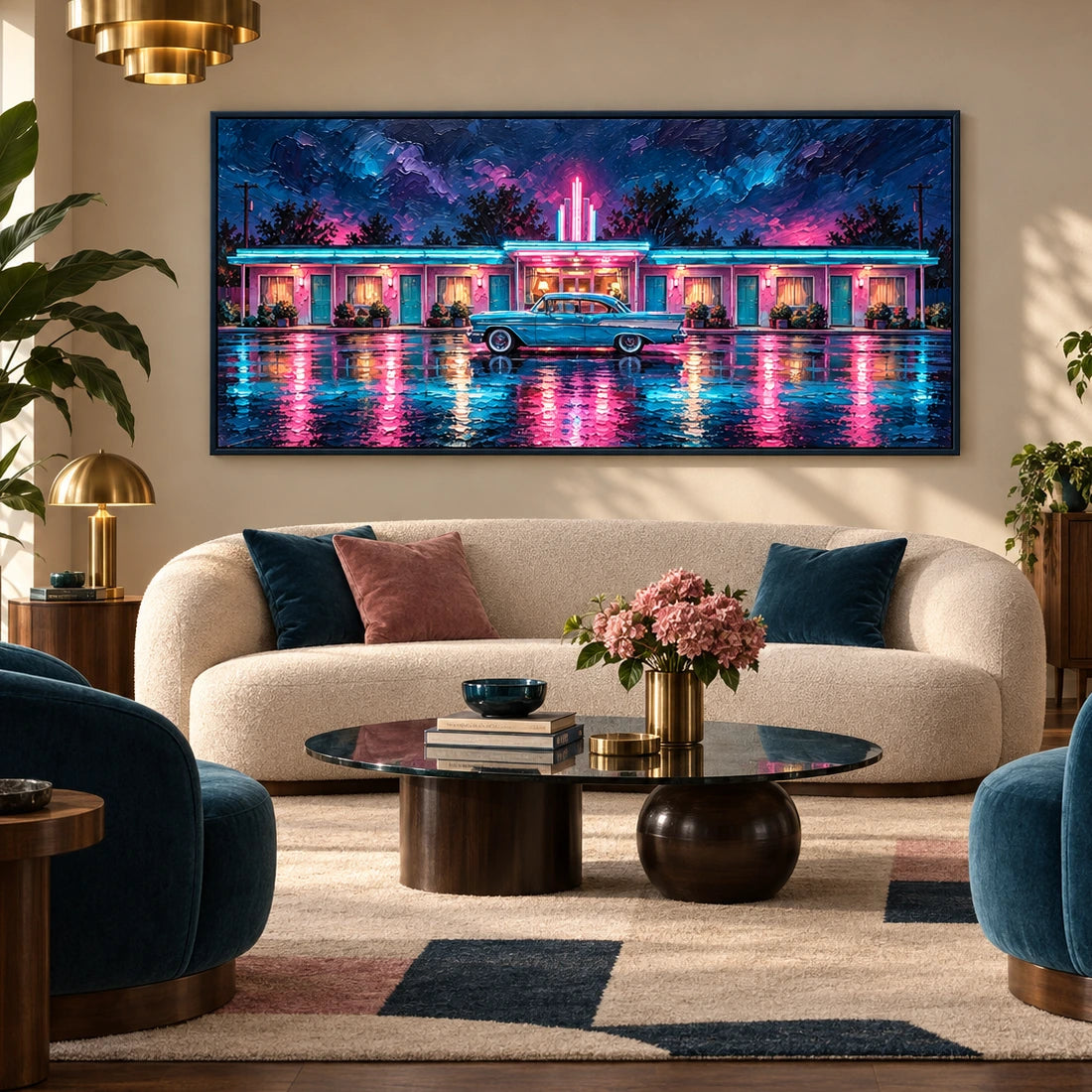 neon motel after rain displayed in a art deco living room