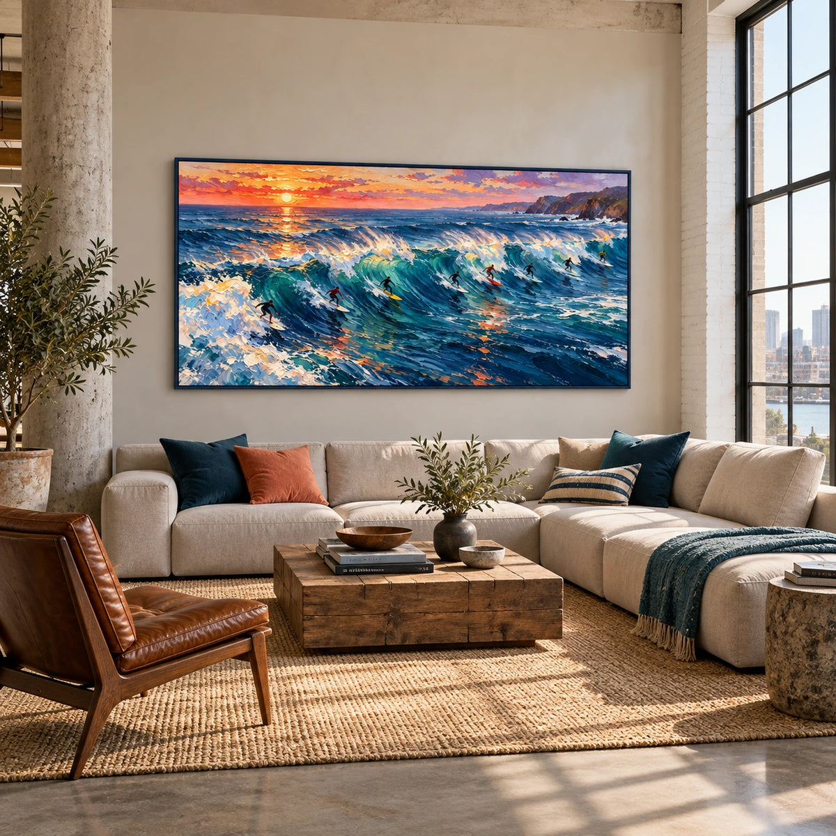 surf beneath an amber sky displayed in a urban loft living room