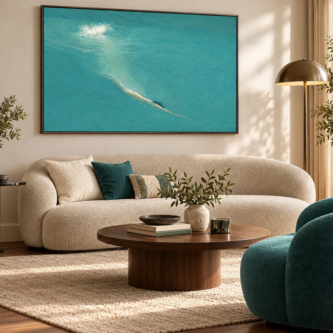 quiet turquoise break displayed in a living room