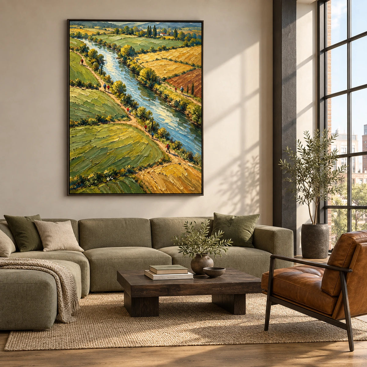 river through open fields displayed in a urban loft living room