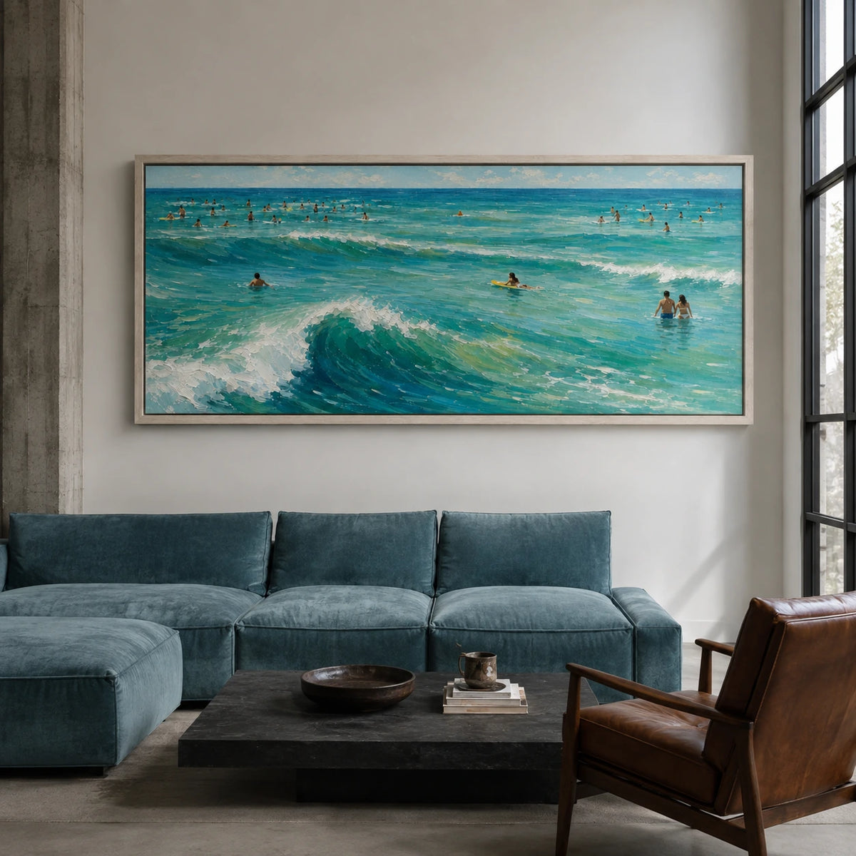 open water lineup displayed in a loft living room