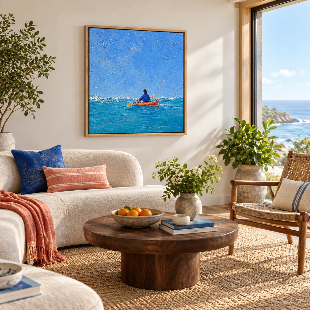 coastal kayak displayed in a coastal living room