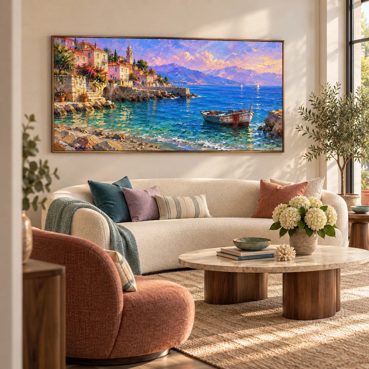 aegean village by the sea displayed in a living room