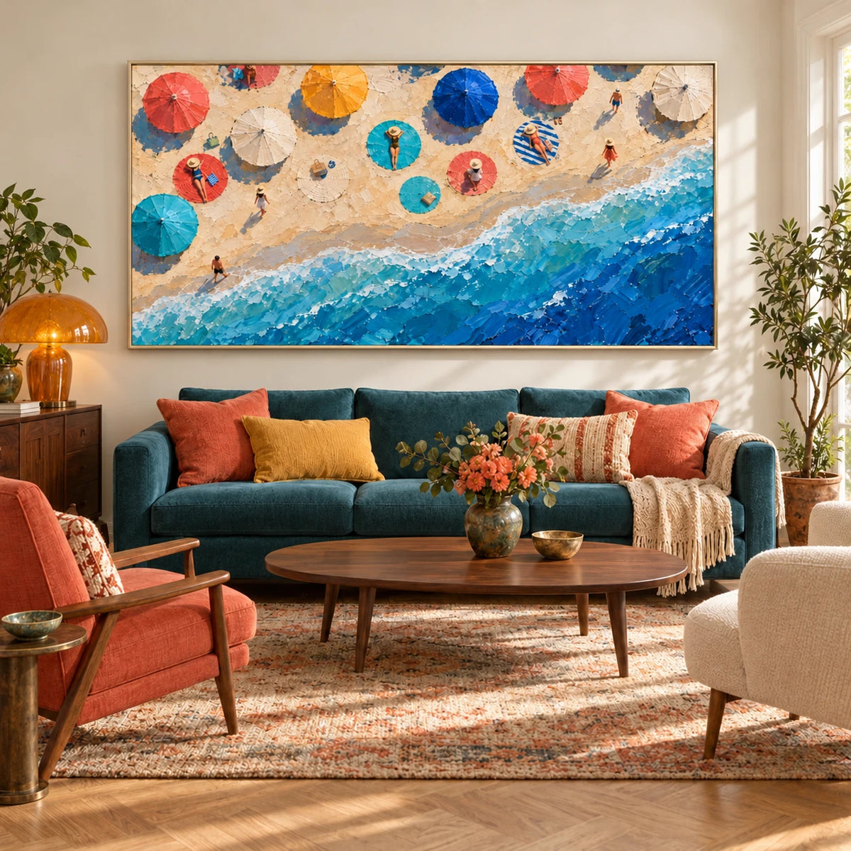 beach umbrellas and breaking waves displayed in a living room